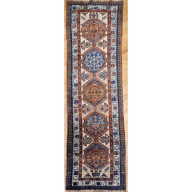Antique Persian Serab Runner, Handwoven Wool, Geometric Pattern, Ivory & Blue, 3’ X 11’ For Sale In Chicago - Image 6 of 12