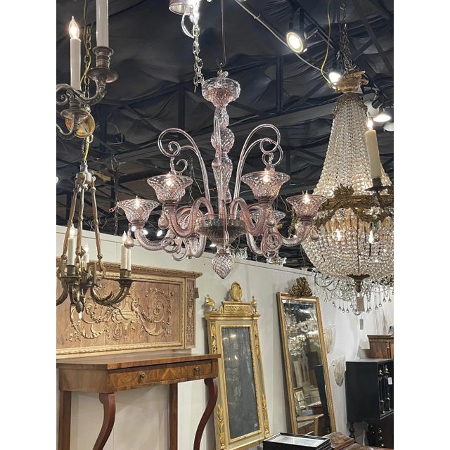 Decorative vintage lavender Murano glass chandelier with 6 lights. Very pretty textured glass in such a lovely shade....