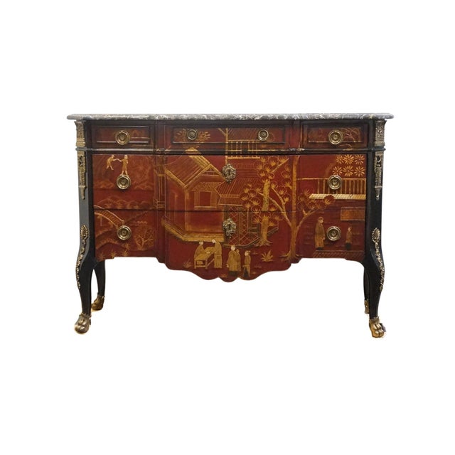 Maitland Smith Asian Chinoiserie Inspired Louis XV 50" Red & Gold Lacquered Three Drawer Chest W. Granite Top For Sale - Image 9 of 13