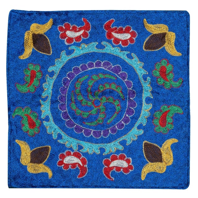 15"x16" Hand Embroidered Silk and Cotton Cushion Cover. Blue Toss Pillow Cover For Sale