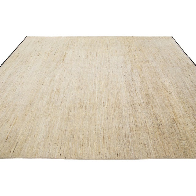 Room Size Modern Gabbeh Style Beige Wool Rug With Solid Motif For Sale - Image 4 of 9