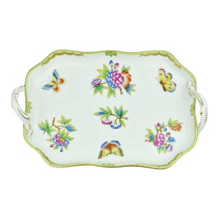 Hand Painted Herend Green Boarder Queen Victoria Pattern Tray With Handles Hungary For Sale