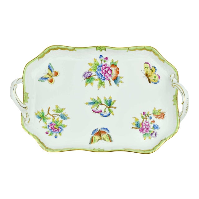 Hand Painted Herend Green Boarder Queen Victoria Pattern Tray With Handles Hungary For Sale