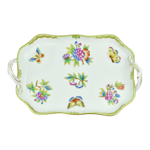 Hand Painted Herend Green Boarder Queen Victoria Pattern Tray With Handles Hungary