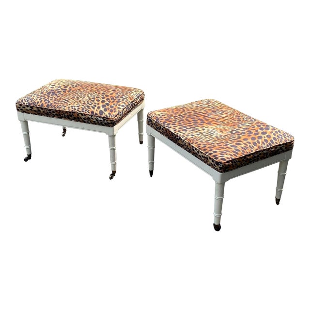 Late 20th Century Vintage Leopard Ottomans With Brass Castors - a Pair For Sale