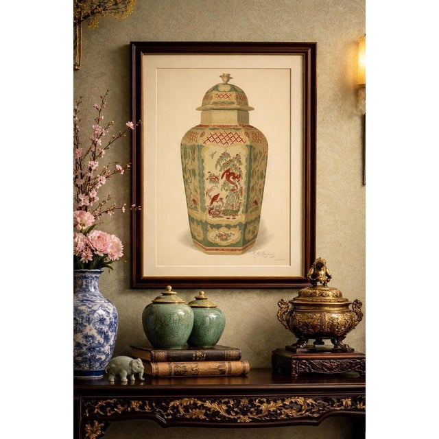 Worcester porcelain covered vase design with phoenix, green ground, 1910 this refined chromolithograph illustrates an...