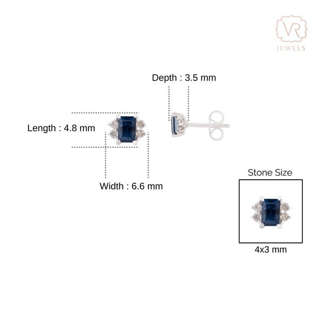 Ink Blue Art Deco Style Emerald Cut Sapphire & Diamond Stud Earrings in 14k White Gold- A Pair For Sale - Image 8 of 11