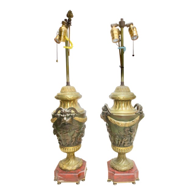 Antique Italian Gilt Bronze and Rouge Marble Garnature Lamps -a Pair of 2 For Sale