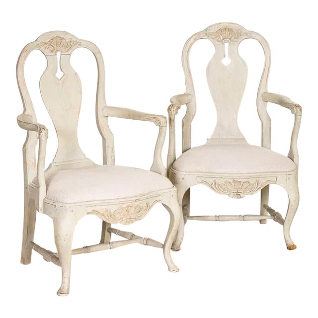 Late 19th Century Antique Pair of Gray Painted Swedish Arm Chairs For Sale
