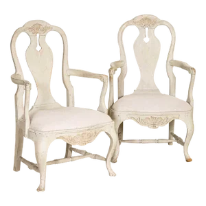 Late 19th Century Antique Pair of Gray Painted Swedish Arm Chairs