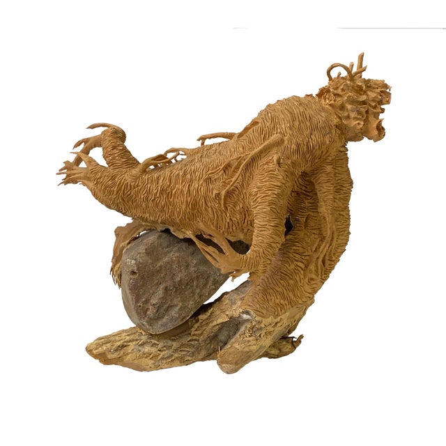 1990s Artistic Natural Wood on Stone Carve Into Chinese Ginseng Root Sculpture For Sale - Image 5 of 7