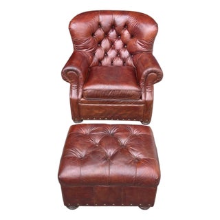 Churchill Tufted Leather Armchair & Ottoman, Newly Dyed, Restoration Hardware Style For Sale