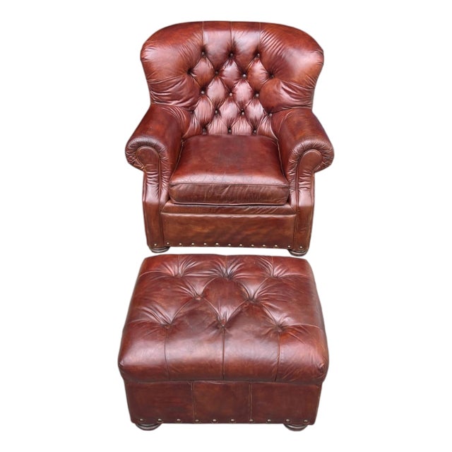 Churchill Tufted Leather Armchair & Ottoman, Newly Dyed, Restoration Hardware Style For Sale