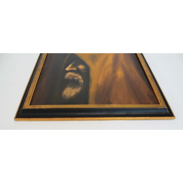 Vintage framed moody portrait painting of a hooded monk. Signed by artist bottom right. Some age wear to painting and wood...