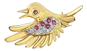 Ruby & Diamond Pave Hummingbird Brooch .25cttw 14k Yellow Gold