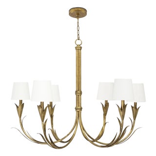 River Reed Chandelier Small, Antique Gold Leaf with Natural Linen Shade For Sale