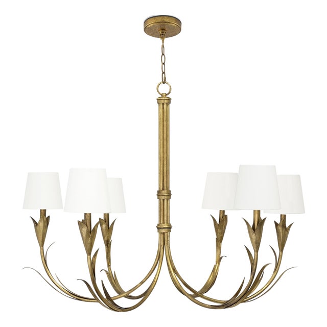 River Reed Chandelier Small, Antique Gold Leaf with Natural Linen Shade For Sale