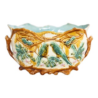 Antique Onnaing Majolica Love Birds Parakeets Jardiniere Cachepot, Circa 1880 For Sale