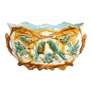 Antique Onnaing Majolica Love Birds Parakeets Jardiniere Cachepot, Circa 1880
