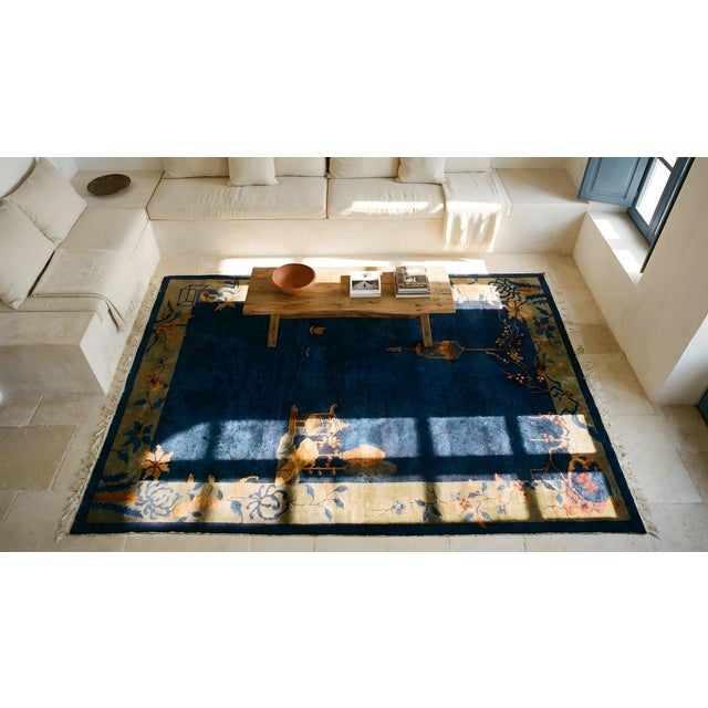 1920s Blue Navy Vase Floral Antique Chinese Art Deco Carpet 5' X 7'7" Knotted Wool Rug For Sale - Image 15 of 16
