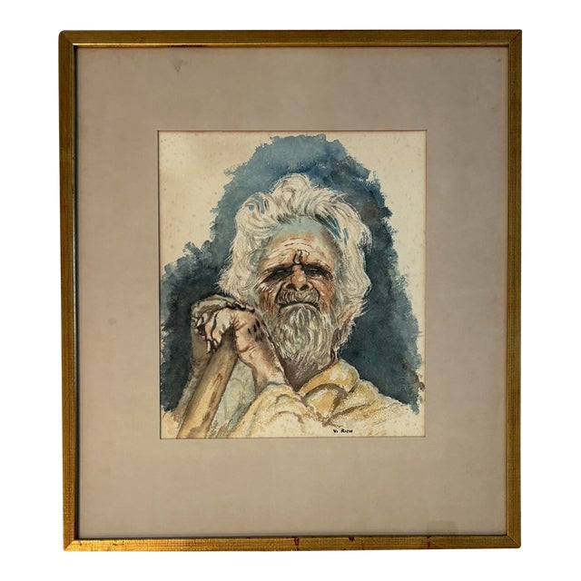 Vintage Watercolor Portrait of Old Man With Beard Original & Signed Gilded Wood Frame For Sale