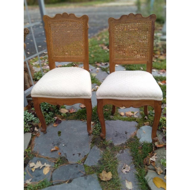 Pair Vintage Country French Cane Back Wood Side Chairs Cabriole Legs Scolloped front and sides Upholstery in Great...
