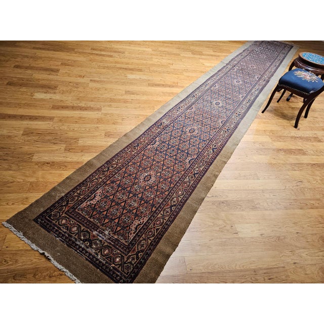 Antique Persian Serab Camel Hair Runner Rug, Hand-Knotted Wool, Allover Geometric Pattern, Red & Blue, 3x20 For Sale In Chicago - Image 6 of 15