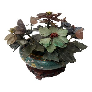 Asian Cloisonné Enamel Cup with Bouquet of Hardstone Flowers For Sale