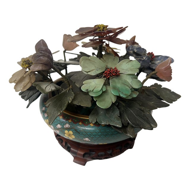 Asian Cloisonné Enamel Cup with Bouquet of Hardstone Flowers For Sale