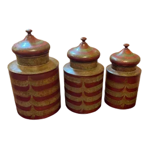 Set of 3 1970s Metal Cannisters Hand-Painted in Green, Brown, Orange
