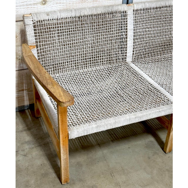 Boho Danish Modern Bleached/ Weathered Teak & Woven Rope Settee For Sale - Image 11 of 18
