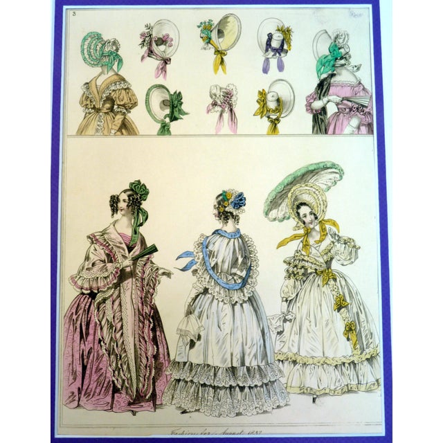 Victorian Set of 6 1837 the Beau Monde Hand-Colored Millinery & Fashion Plates 11" X 14" Custom Mat For Sale - Image 3 of 11