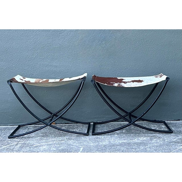 Vintage Rebar Cowhide Sling Benches - A Pair For Sale - Image 10 of 12