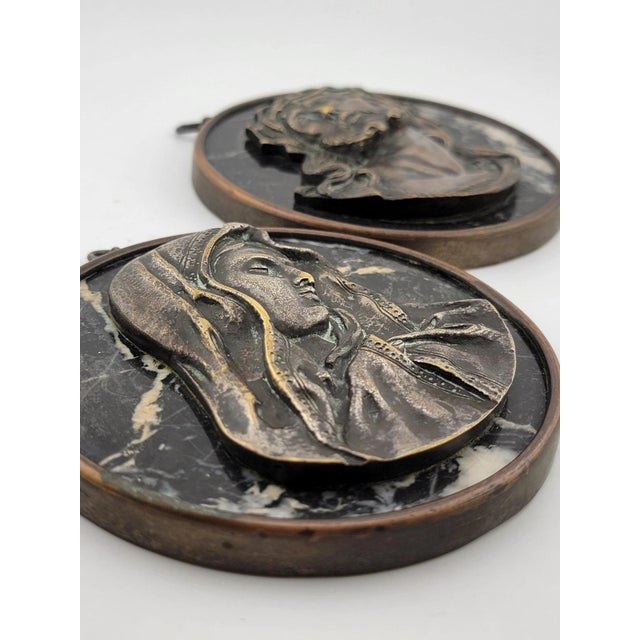 Rare One Of Kind Antique Jesus & Mary Wall Hanging Bronze & Green Marble Plaques For Sale - Image 9 of 12