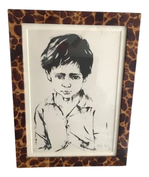 Moshe Gat Lithograph of a Boy in a J. Pocker Animal Print Frame