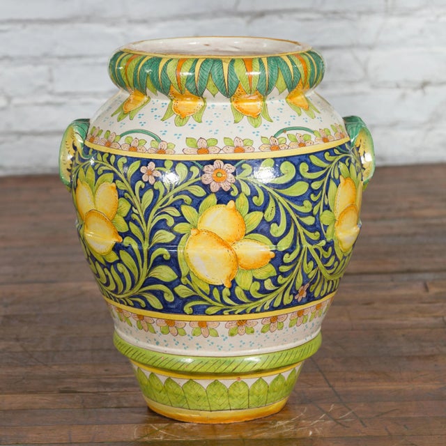 Mid 20th Century Hand-Painted Yellow & Green Lemon & Scrolling Foliage Jar For Sale - Image 10 of 13