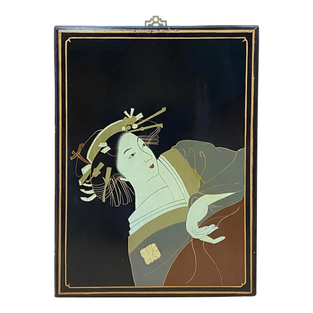 Vintage Wood Asian Japanese Lady Lacquer Wall Painting Art For Sale