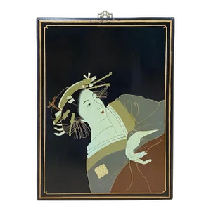Vintage Wood Asian Japanese Lady Lacquer Wall Painting Art
