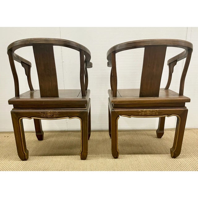 Chinoiserie Ming Style Chinese Horseshoe Back Armchairs With Hand-Painted Backs - a Pair For Sale - Image 4 of 7