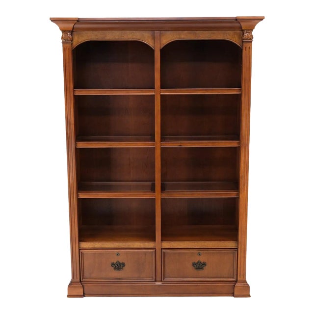 Large Colonial Two Drawer Compartment Double Bookcase Shelf Wall Unit Lights For Sale