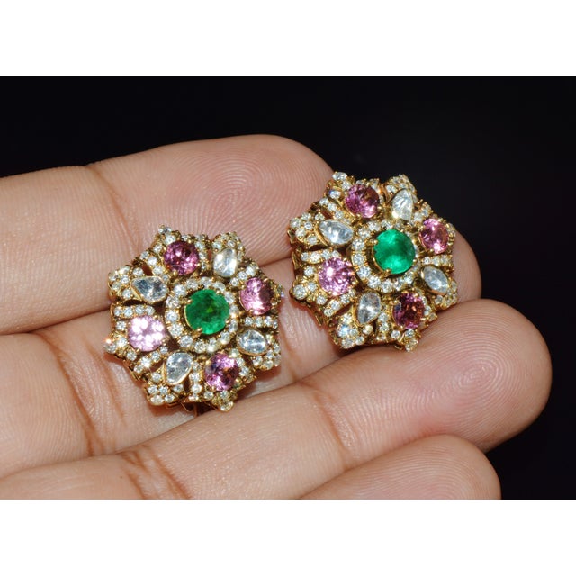 Bright Pink Late 20th Century Natural 4.89cts Diamond, Emerald & Pink Tourmaline 18k Gold Floral Earrings, Pair For Sale - Image 8 of 12