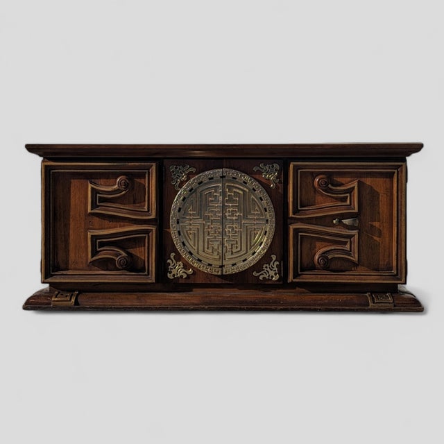 1970s 1970s Wood and Brass Lowboy Credenza With Geometric Paneled Front For Sale - Image 5 of 7