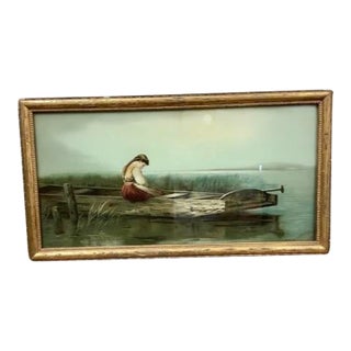 Antique Framed Print Litho Alone and Forsaken Young Girl in Wooden Boat German For Sale