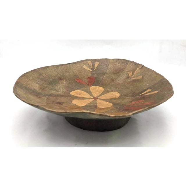 Folk Art Vintage Handcrafted Papier-Mâché Decorative Pedestal Bowl For Sale - Image 3 of 11
