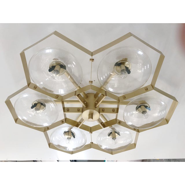 Italian midcentury flush mount with six clear Murano glass shades mounted on solid brass frame in satin brass finish /...