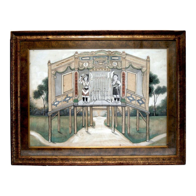 19th Century Painting of Men in Armory in Gilt Burl Frame, from Laos or Thailand For Sale