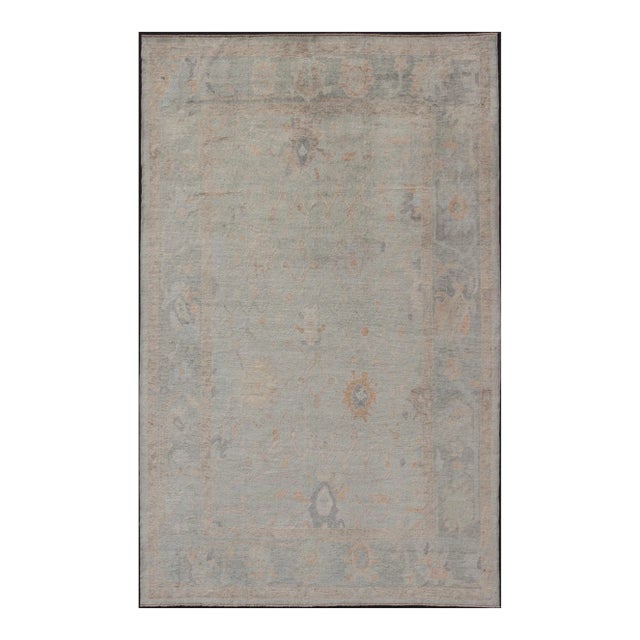 Modern Turkish Oushak Large Rug in Seafoam Green, Light Blue & Multi Colors For Sale