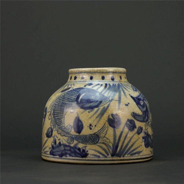 Mid 20th Century Vintage Blue & White Porcelain Jar With Koi Fish Motif - 4.2" For Sale - Image 5 of 6