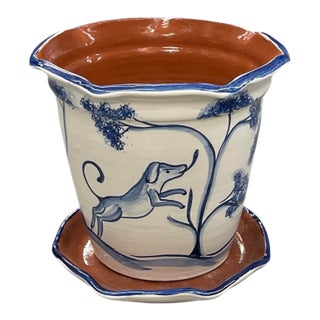 Hand-Painted Italian Style Ceramic Planter & Saucer With Animal & Botanical Motif For Sale