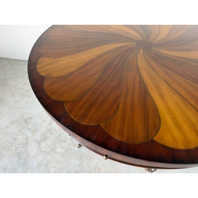 Brown Vintage Thomasville Ernest Hemingway Collection Inlaid Pinwheel Round Center Table With Drawers For Sale - Image 8 of 12